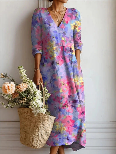 Stylish And Elegant EuropeanAmerican Printed V-neck Maxi Dress