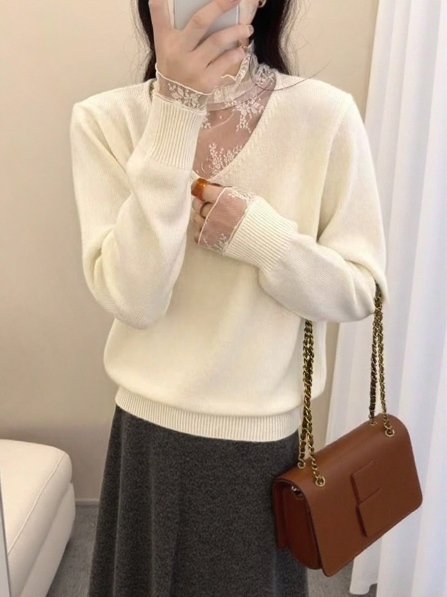 Lace-Panel Fake Two-Piece V-Neck Knitted Sweater