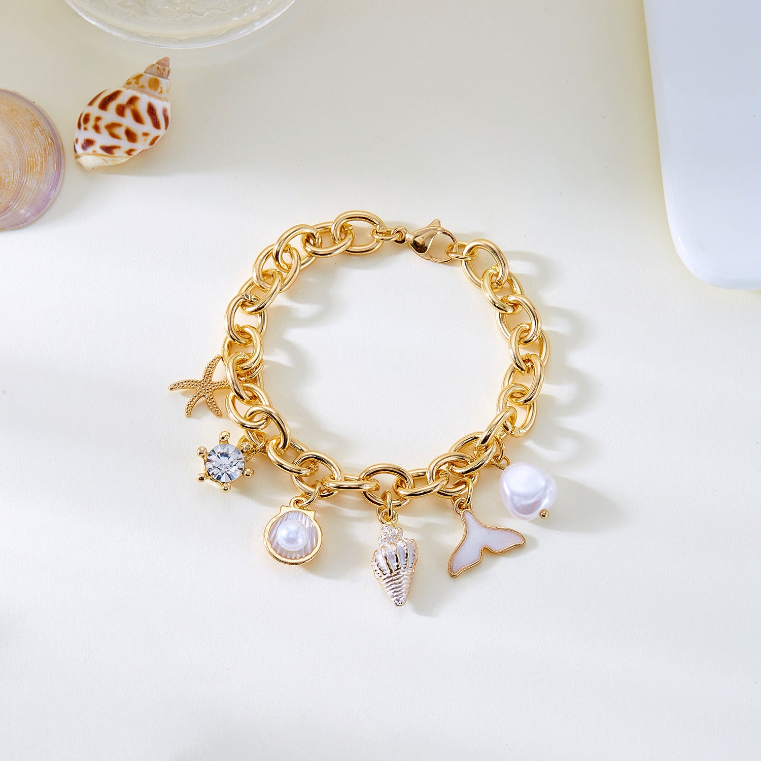 Women's Fashion Starfish Pearl Shell Fishtail Multi-pendant Necklace Bracelet