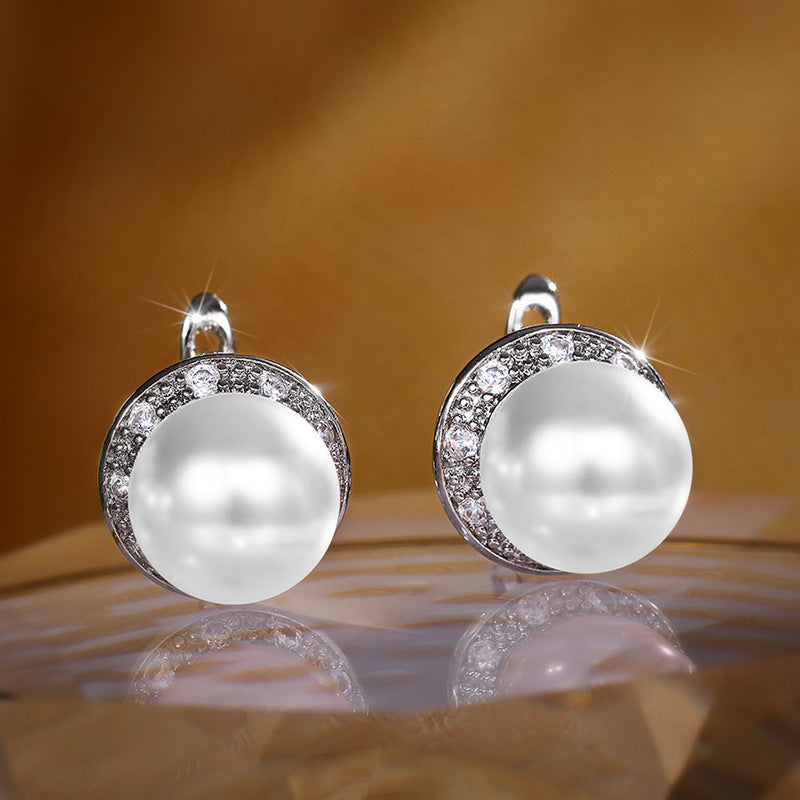 Simple And Stylish Round Zircon And Faux Pearl Stud Earrings For Women