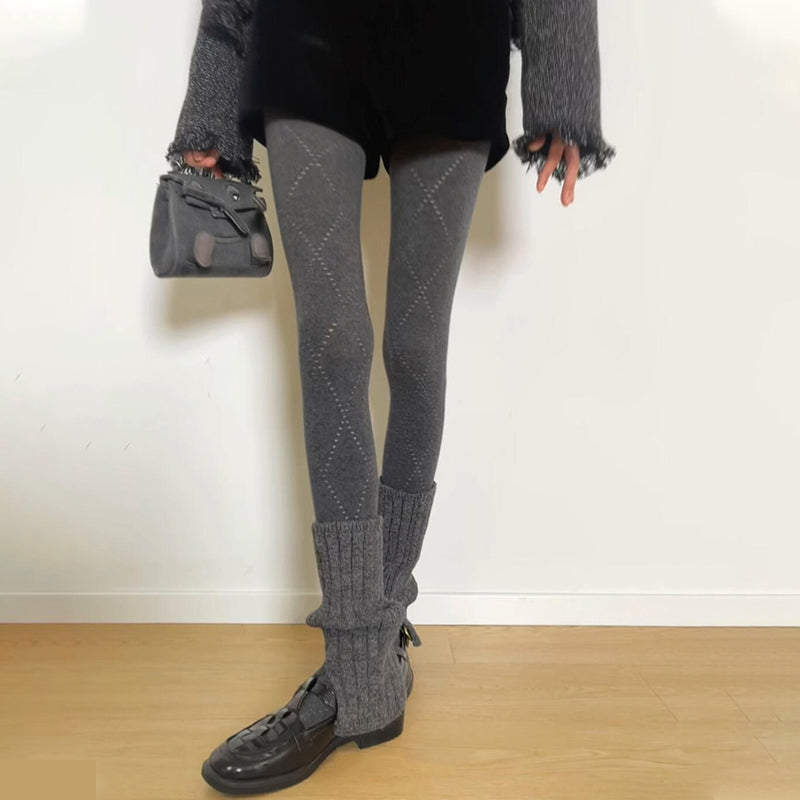 Slimming Gray Diamond-patterned Sheer Tights With Hollow-out Diamond Detailing