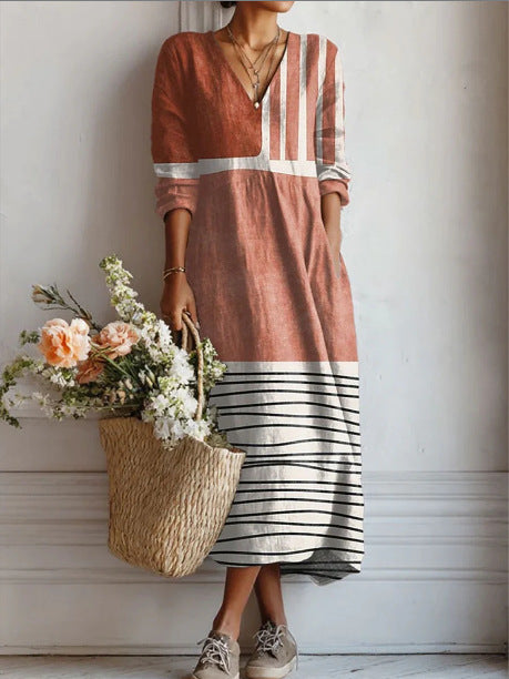 Stylish And Elegant EuropeanAmerican Printed V-neck Maxi Dress