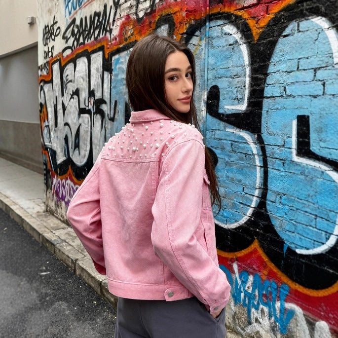 Womens Fashionable Heavy-Detailed Beaded Denim Jacket