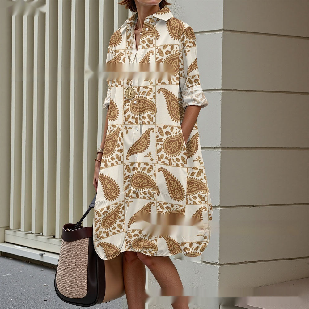Creative Floral Art Print Long Sleeve Shirt Dress