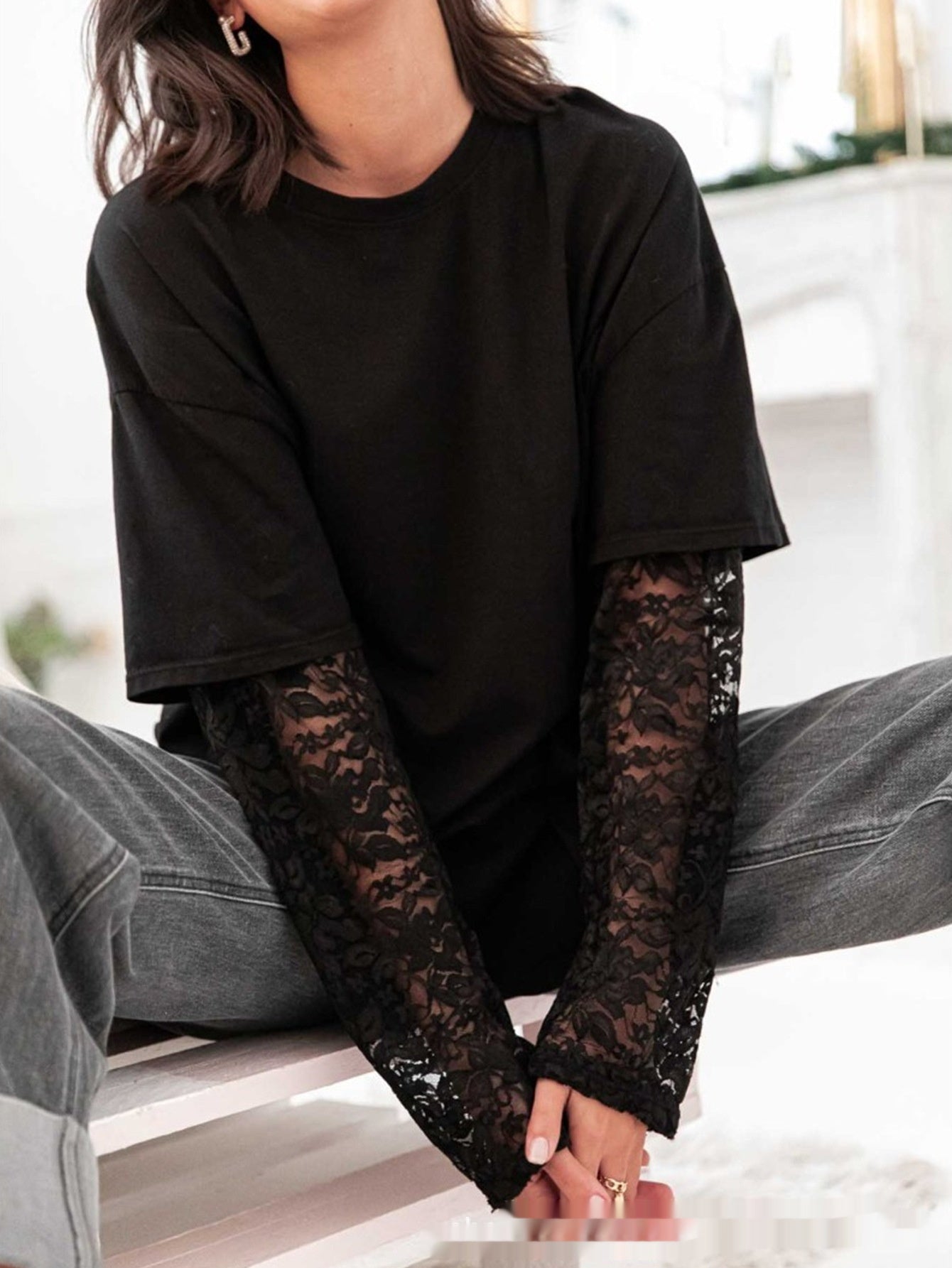 Casual Comfortable And Stylish Lace-panelled Long-sleeve For Commuting