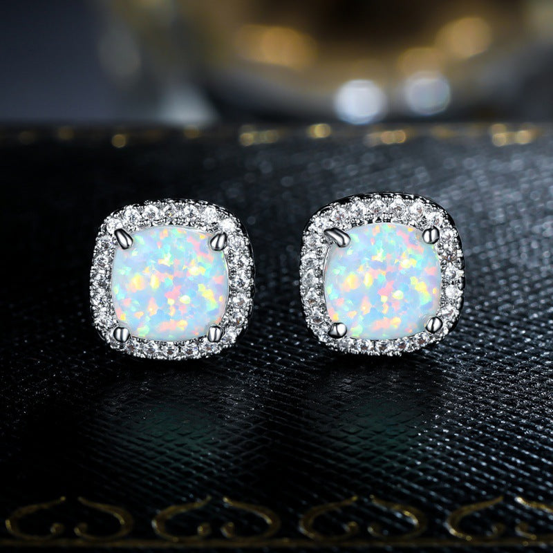Platinum White Australian Opal Four-Prong Square Spiral Earrings