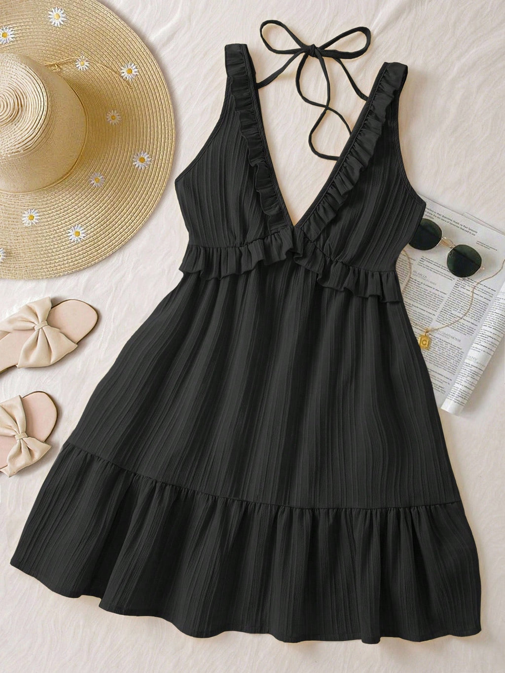 Irregular Lace Backless Cross-Tie Solid Color Mini Skirt