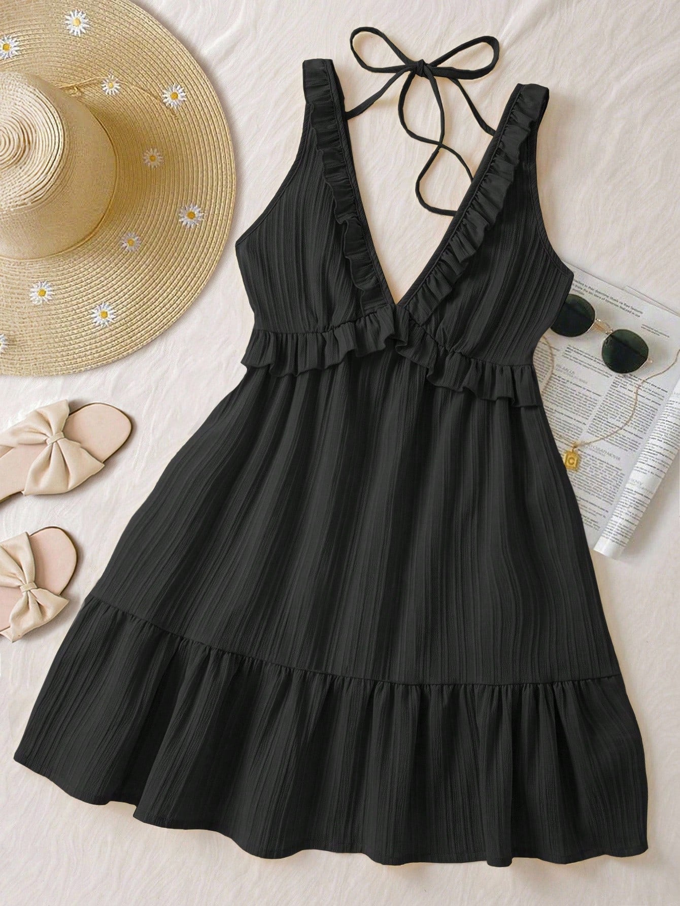 Irregular Lace Backless Cross-Tie Solid Color Mini Skirt