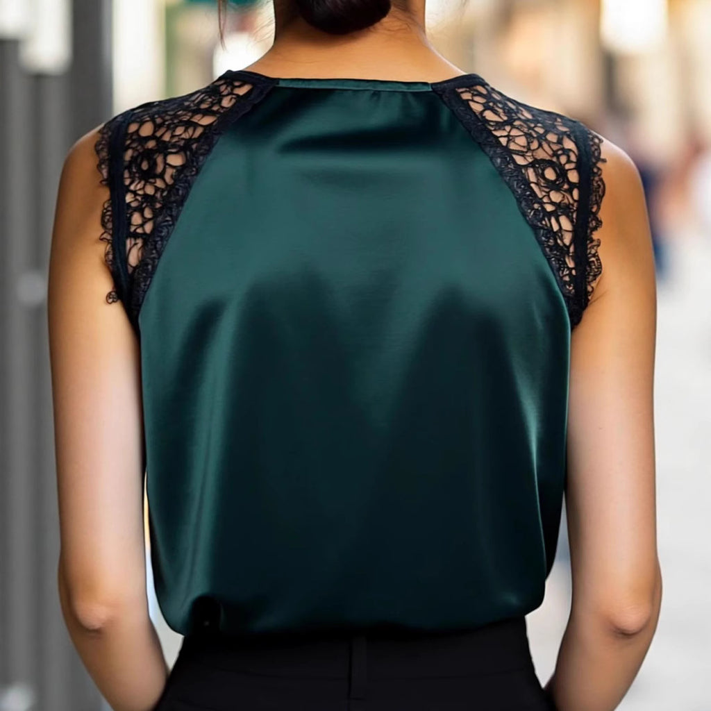 New Womens Elegant Lace-Patchwork Satin Vest