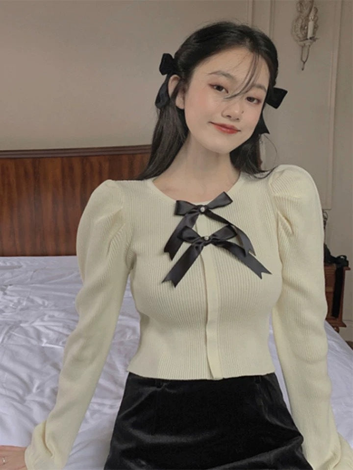 French Chic Crew-Neck Top With Bow Detail Pullover Style