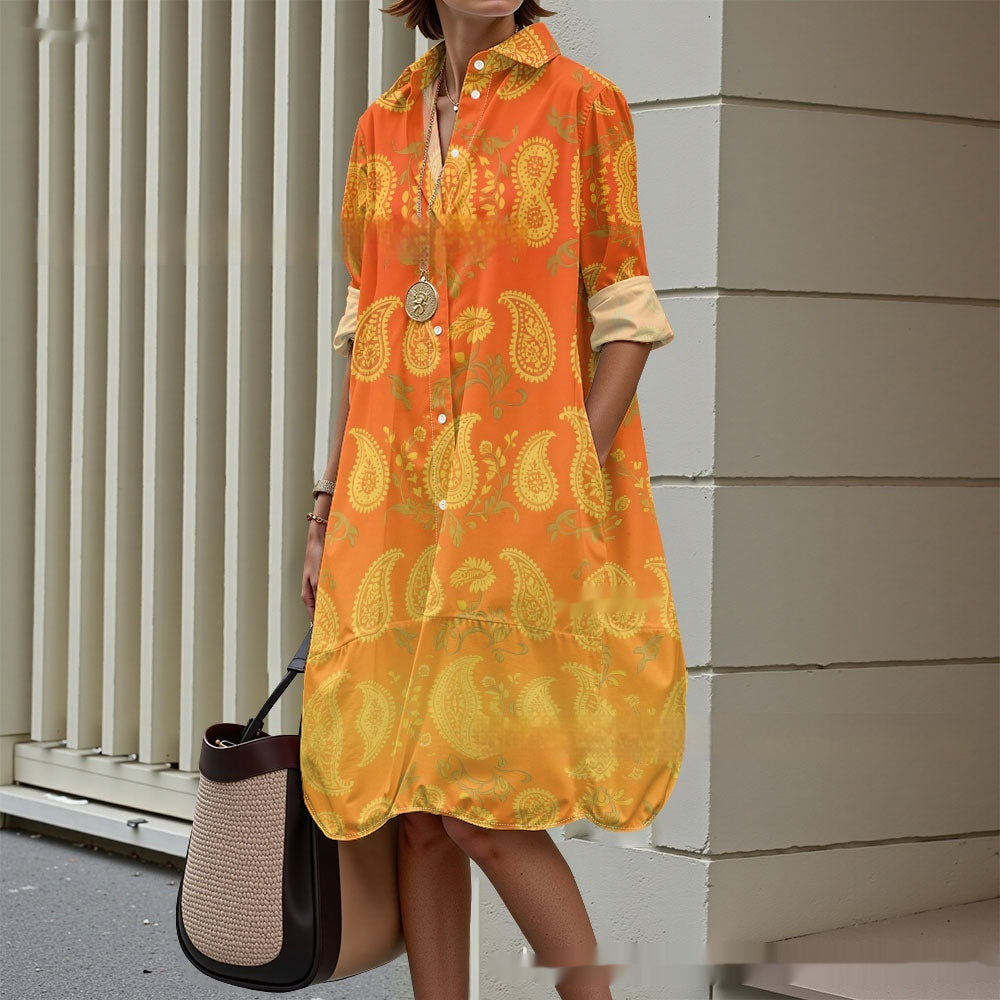 Creative Floral Art Print Long Sleeve Shirt Dress