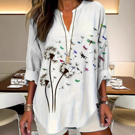 Womens Stand Collar Button-Down Drop Shoulder Long-Sleeve Top