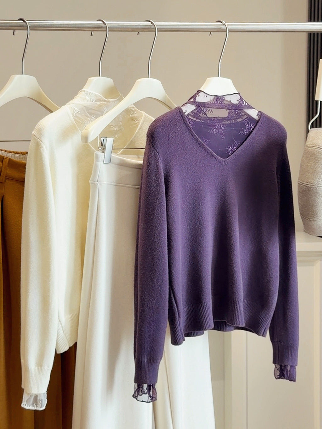 Lace-Panel Fake Two-Piece V-Neck Knitted Sweater