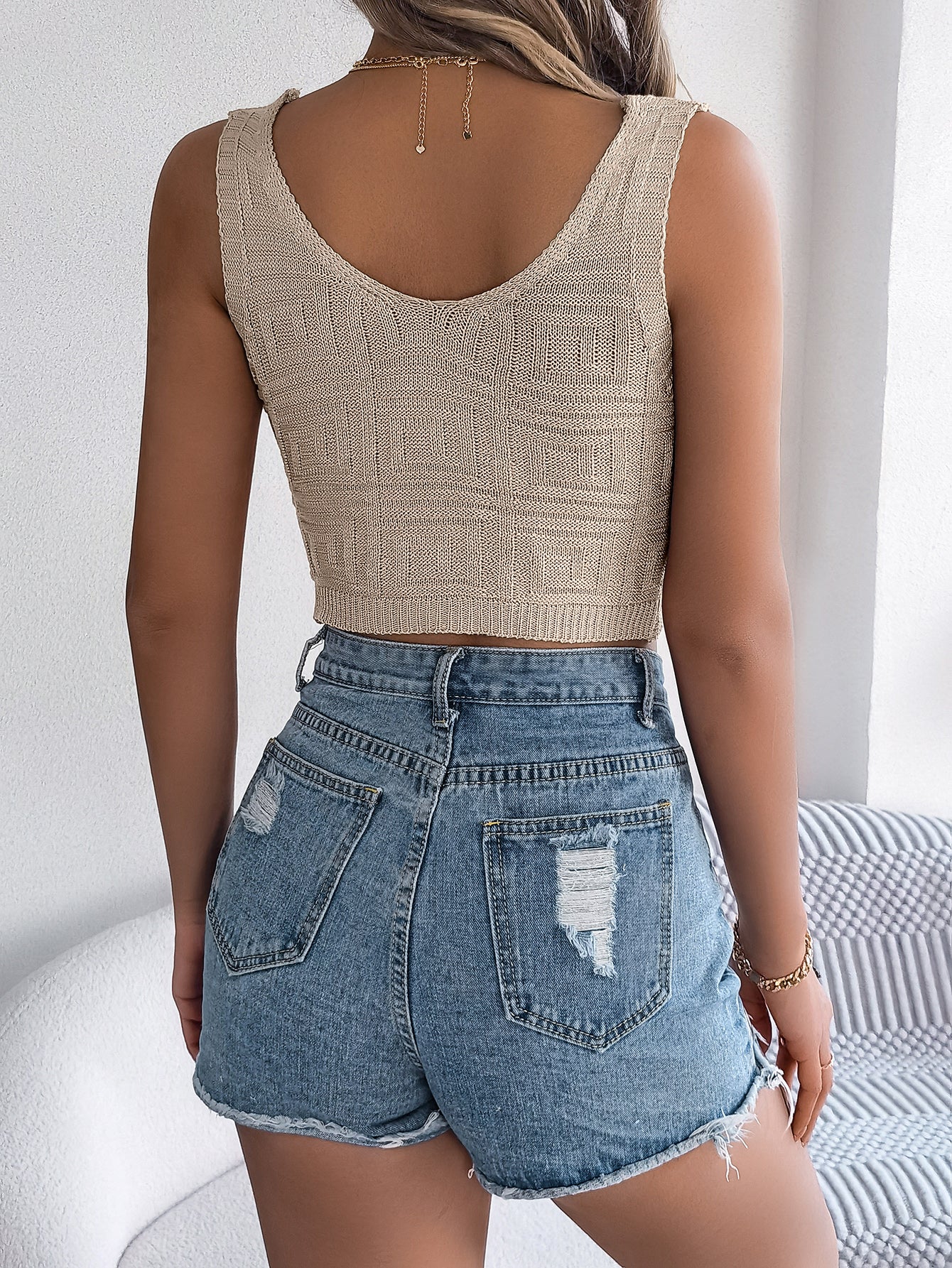 Solid Color Tie Front Knit Crop Top - Vacation Blouse
