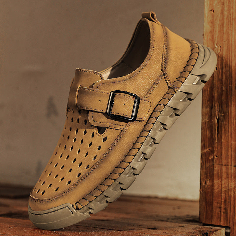 Mens Breathable Stitched Plus-Size Casual Leather Shoes