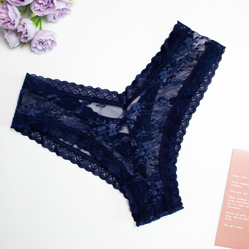 Womens Solid-Color Cotton Mid-Rise Lace Seamless Underwear With Cross-Tie Straps