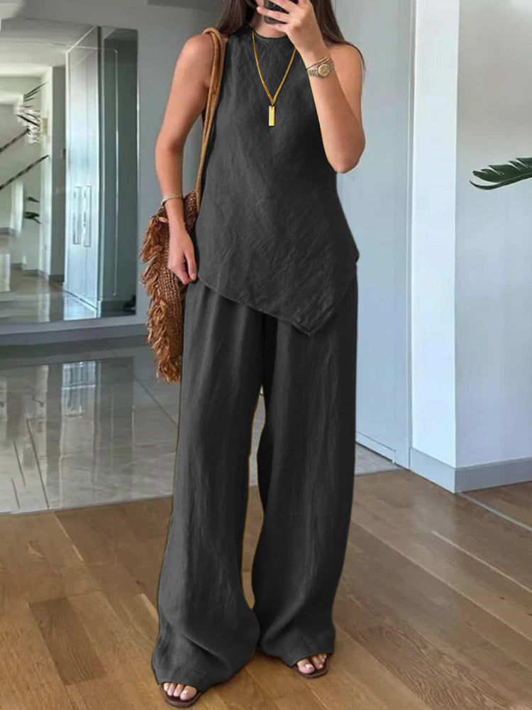 Casual Crew-Neck Pullover Sleeveless Pants With Pockets Cozy Two-Piece Set
