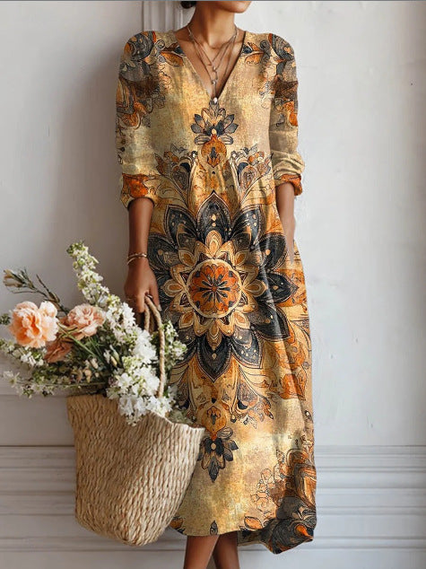 Stylish And Elegant EuropeanAmerican Printed V-neck Maxi Dress