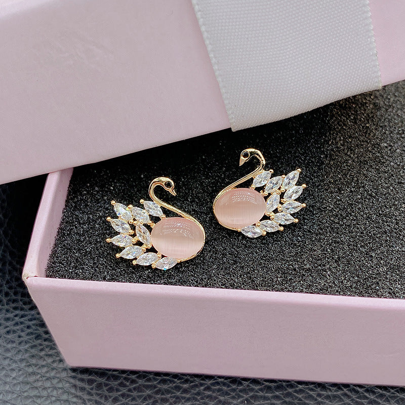 Warm Cat Eye Stone Swan Elegant Super Fairy Earrings