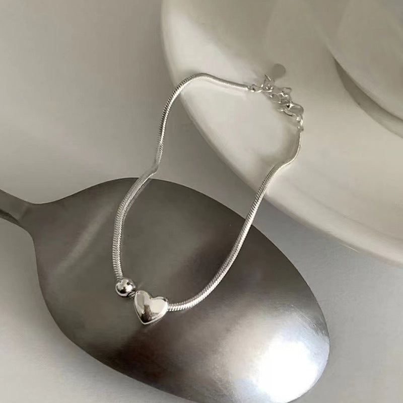 Pure Silver Minimalist Heart-shaped Bracelet For Women