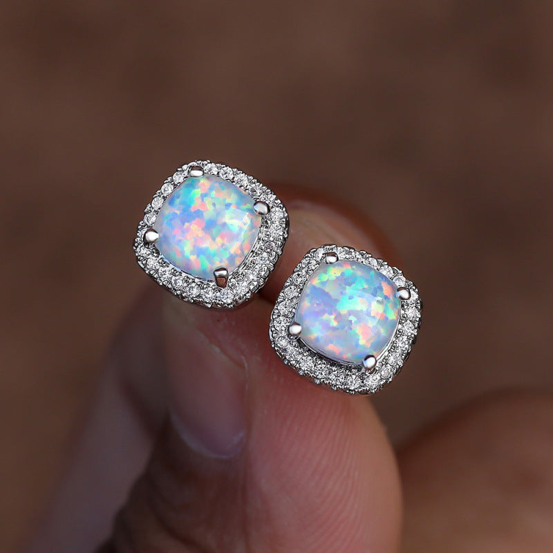 Platinum White Australian Opal Four-Prong Square Spiral Earrings