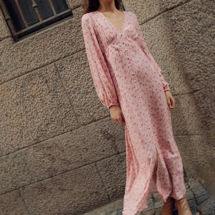 V-neck Long-sleeve High-waisted Floral Maxi Dress With A Slit