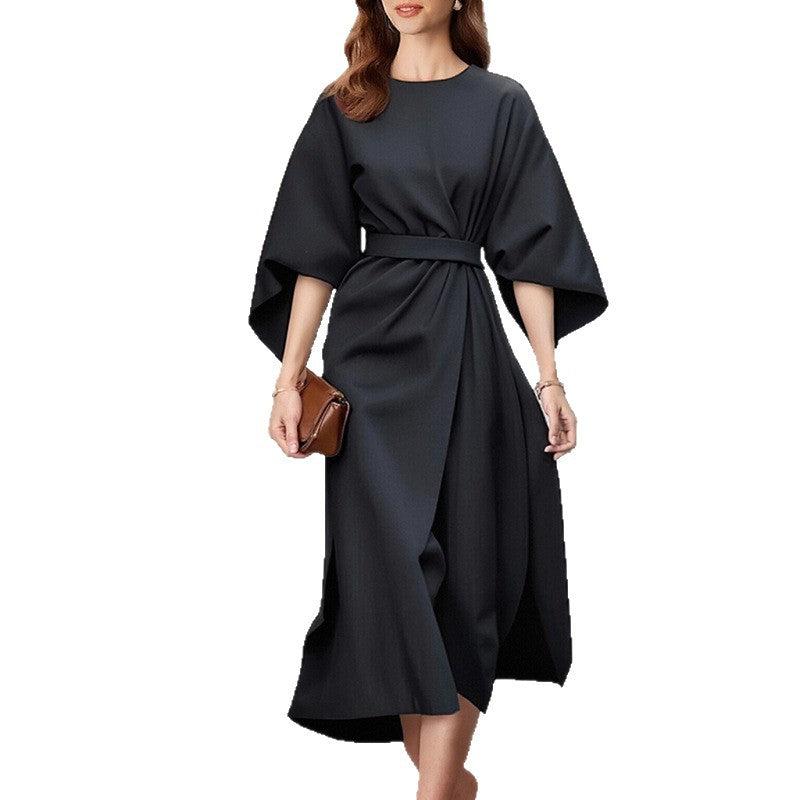 Fashionable Casual Everyday Commuter Solid-color Crew-neck Lace-up Dress