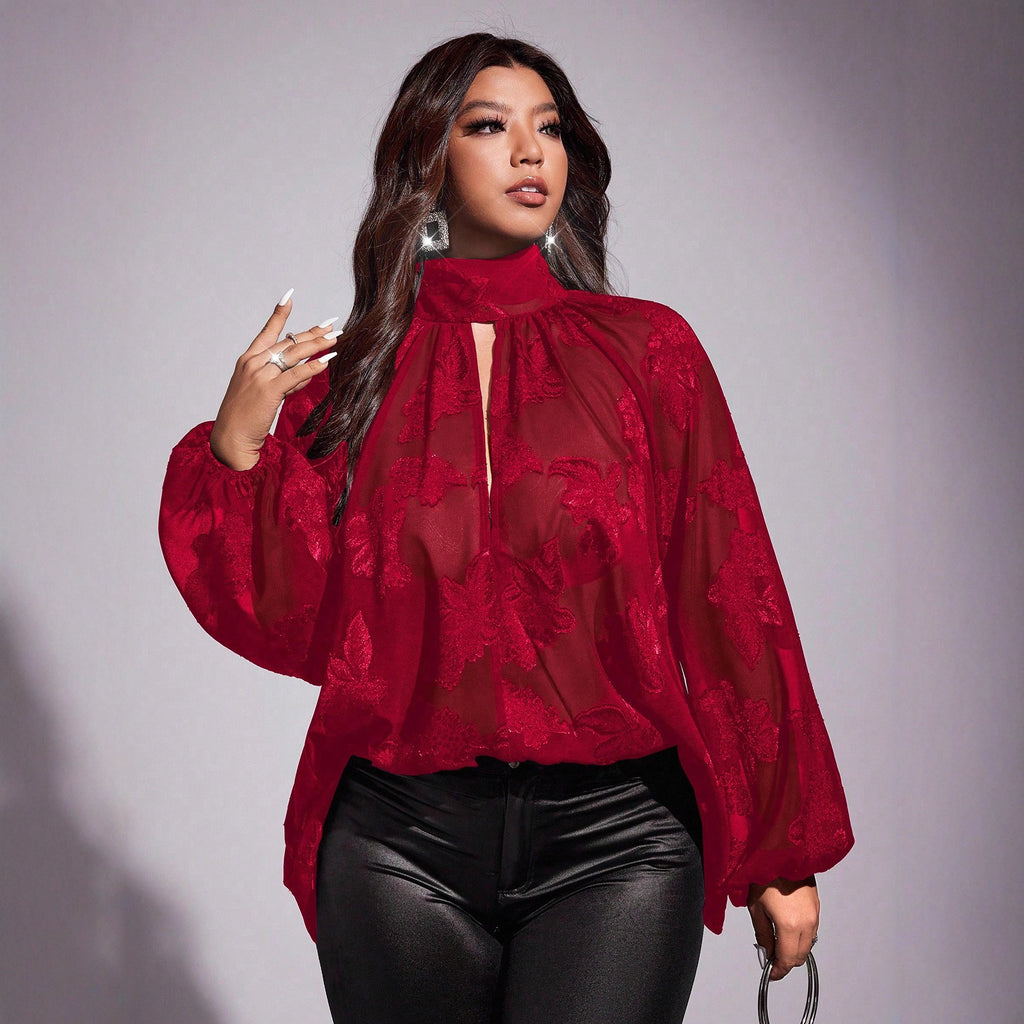 Plus-size Floral Sheer Long-sleeve Scarf-collar Chic Workwear Shirt
