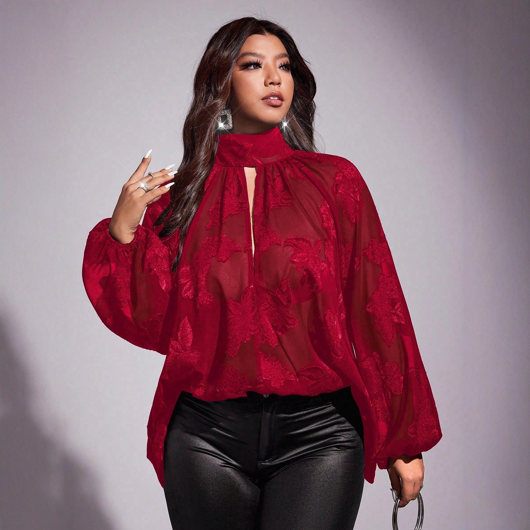 Plus-size Floral Sheer Long-sleeve Scarf-collar Chic Workwear Shirt