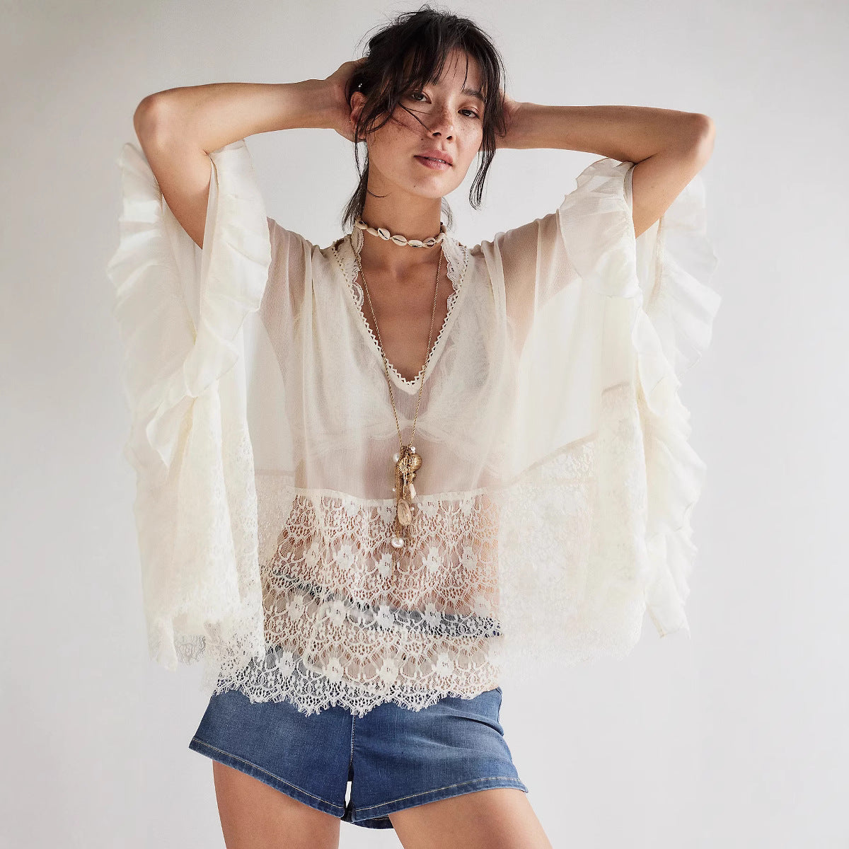 Womens Mesh Blouse With Batwing Sleeves Loose-Fit Beach Sun-Protective Top Patchwork Lace Blouse