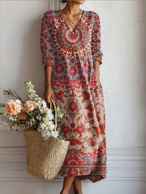 Stylish And Elegant EuropeanAmerican Printed V-neck Maxi Dress