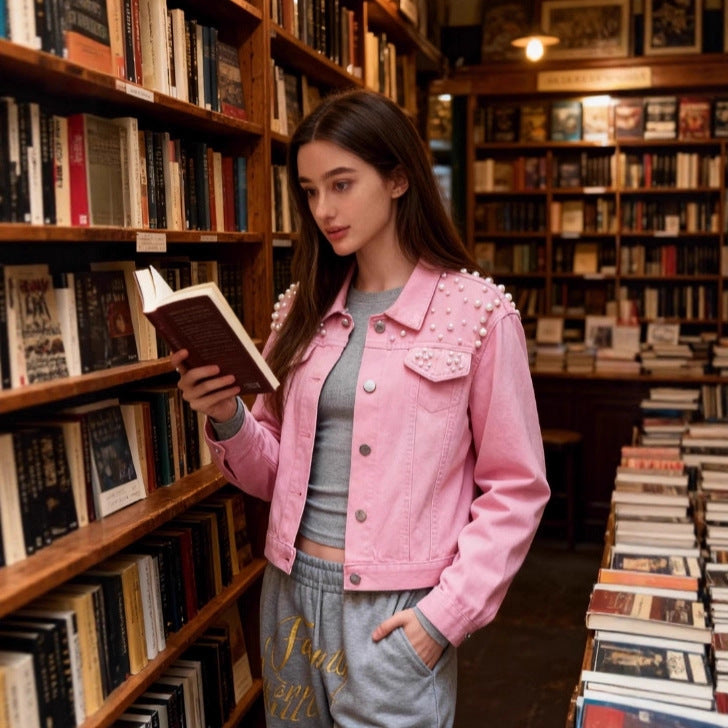 Womens Fashionable Heavy-Detailed Beaded Denim Jacket