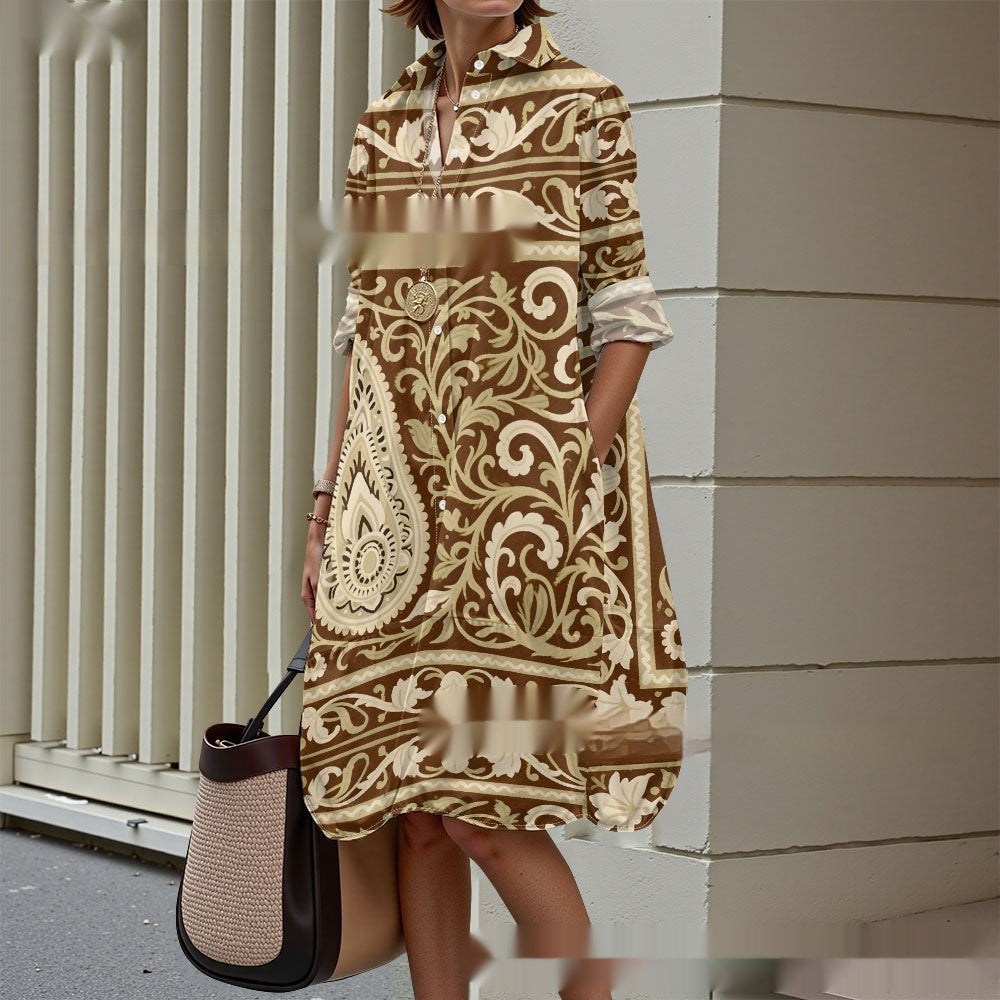 Creative Floral Art Print Long Sleeve Shirt Dress