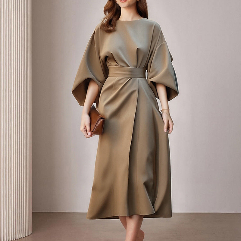 Fashionable Casual Everyday Commuter Solid-color Crew-neck Lace-up Dress