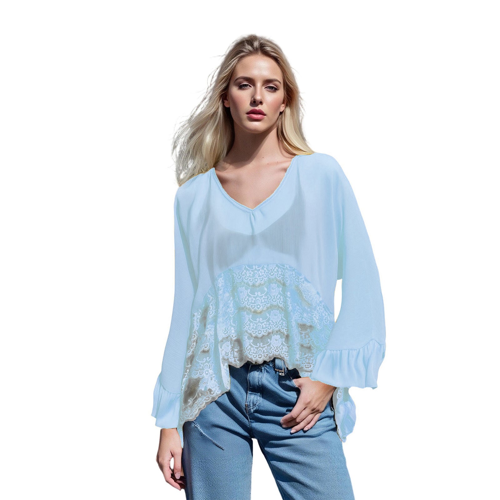 Womens Mesh Blouse With Batwing Sleeves Loose-Fit Beach Sun-Protective Top Patchwork Lace Blouse