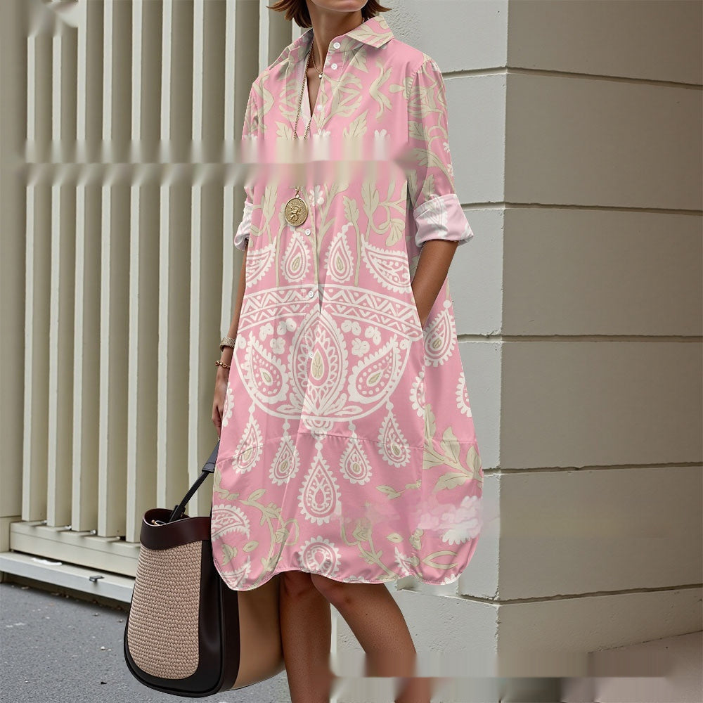 Creative Floral Art Print Long Sleeve Shirt Dress