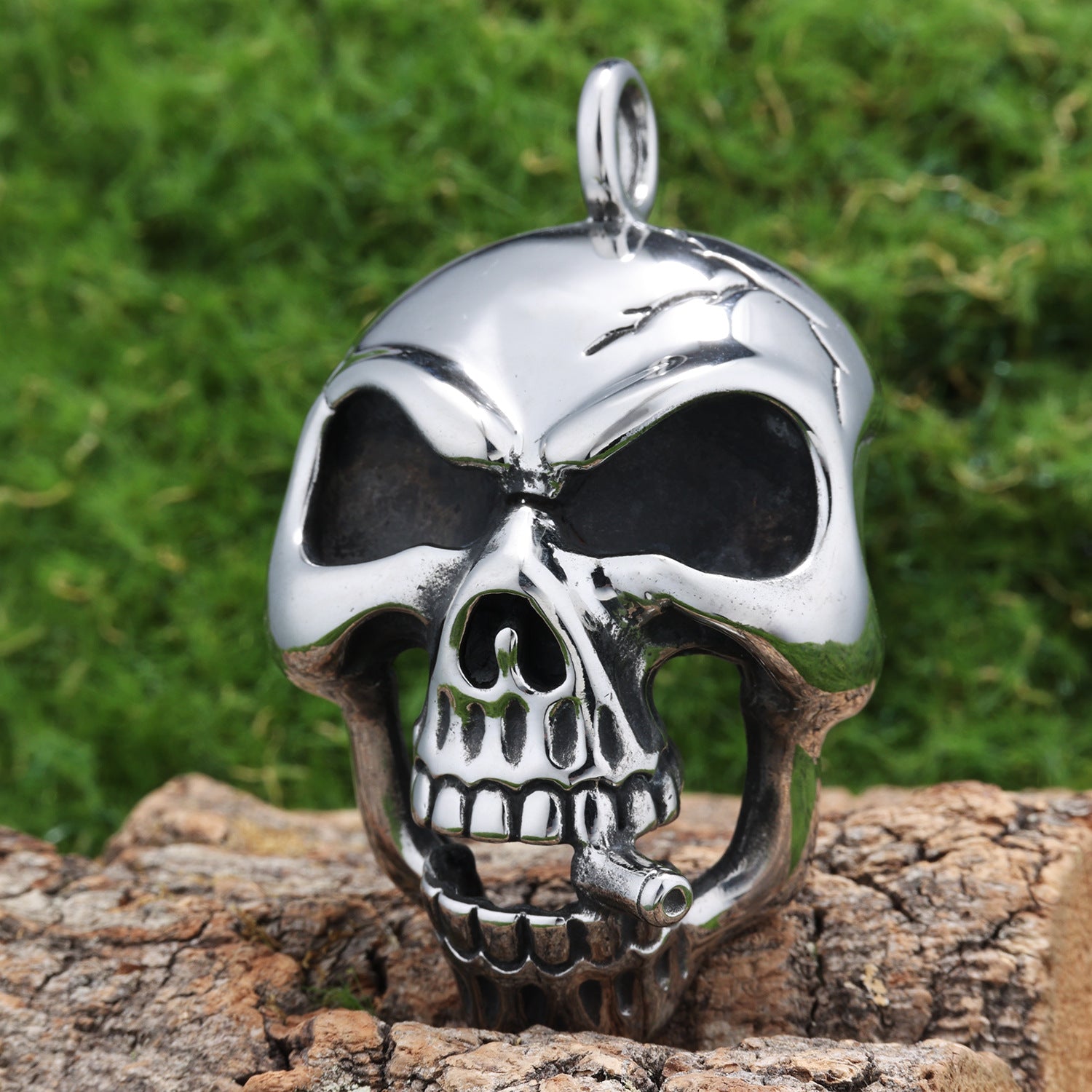 Retro Edgy Skull Pendant With A Cigarette Made From Titanium Steel