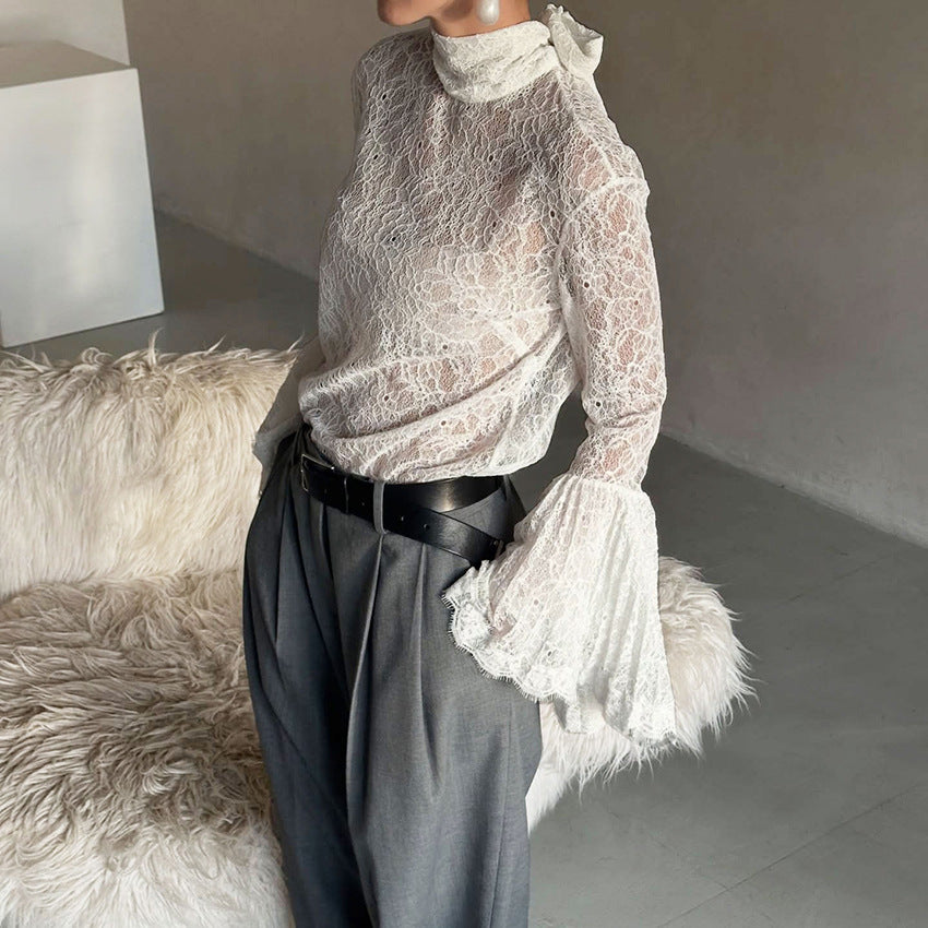 Sexy Lace Ruffle-sleeve Flowy-neckline Blouse