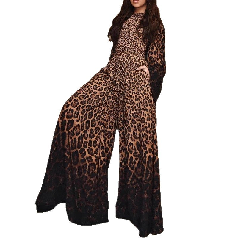 Womens Leopard-Print Crew-Neck Long-Sleeve Flare-Sleeve Jumpsuit