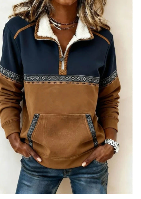 Womens Long-sleeve Half-zip Casual Top With A Print