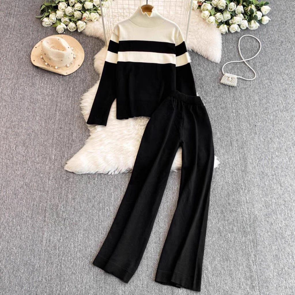 Casual Knitted Long Sleeve Wide Leg Pants Set