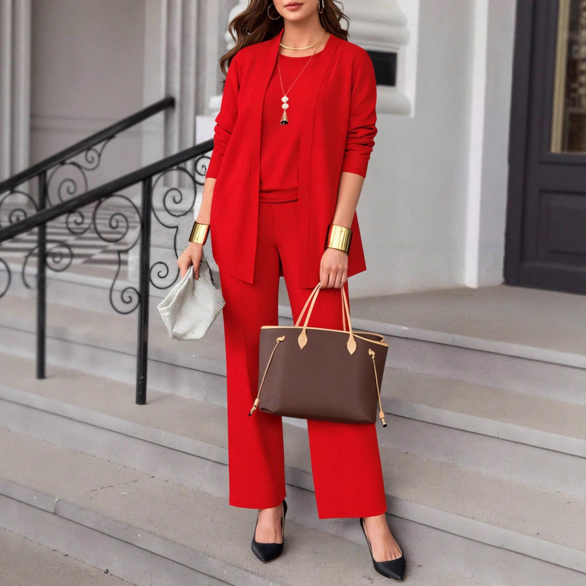 Loose Cardigan Jacket Matching Vest Top Straight-leg Trousers Three-piece Set