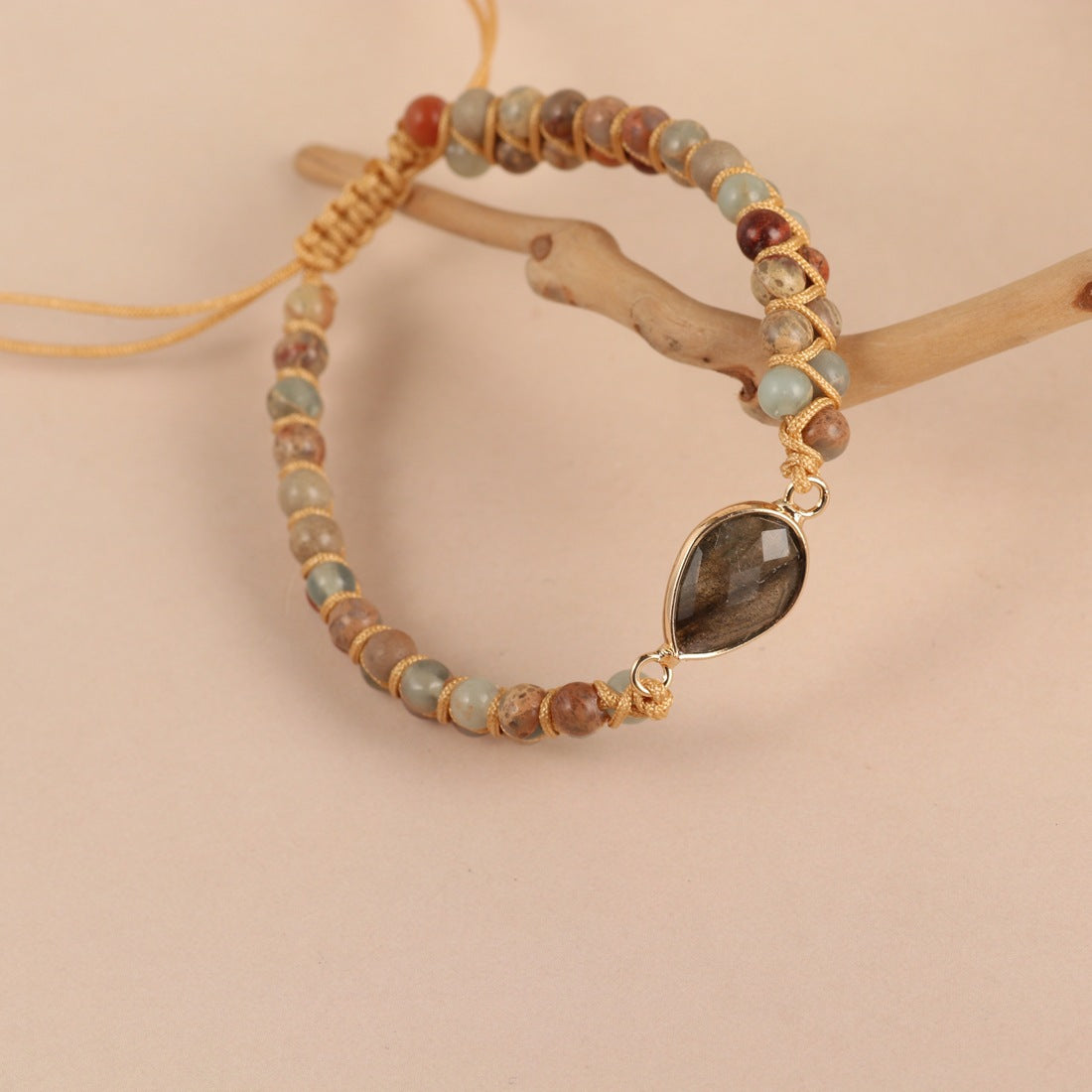 Elongated Stone Droplet Shaped Pendant Shoushan Stone Round Bead Double-layer String Woven Bracelet