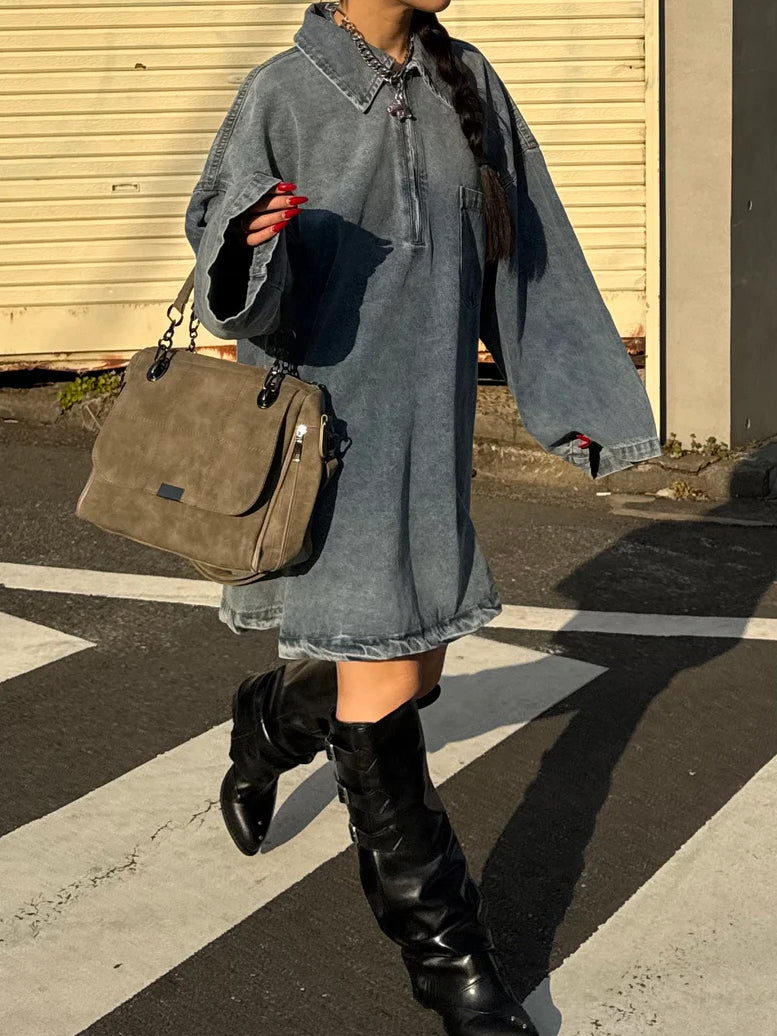 Light Blue Vintage Washed Denim Oversized Polo Dress