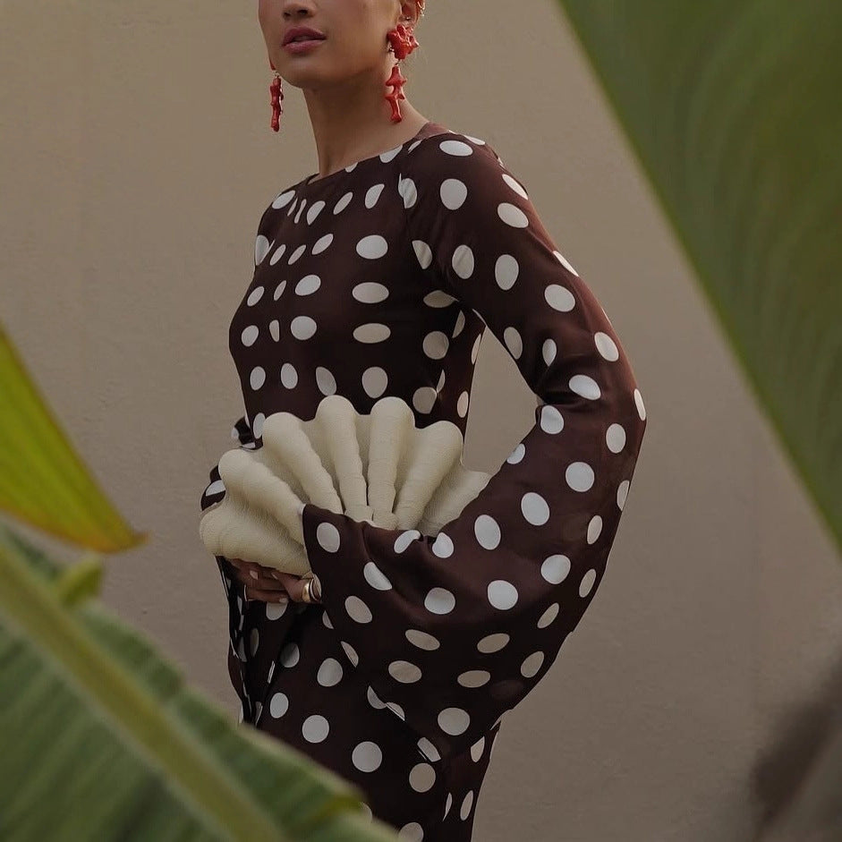 Polka-dot Round-neck Long-sleeve Flared-sleeve Dress