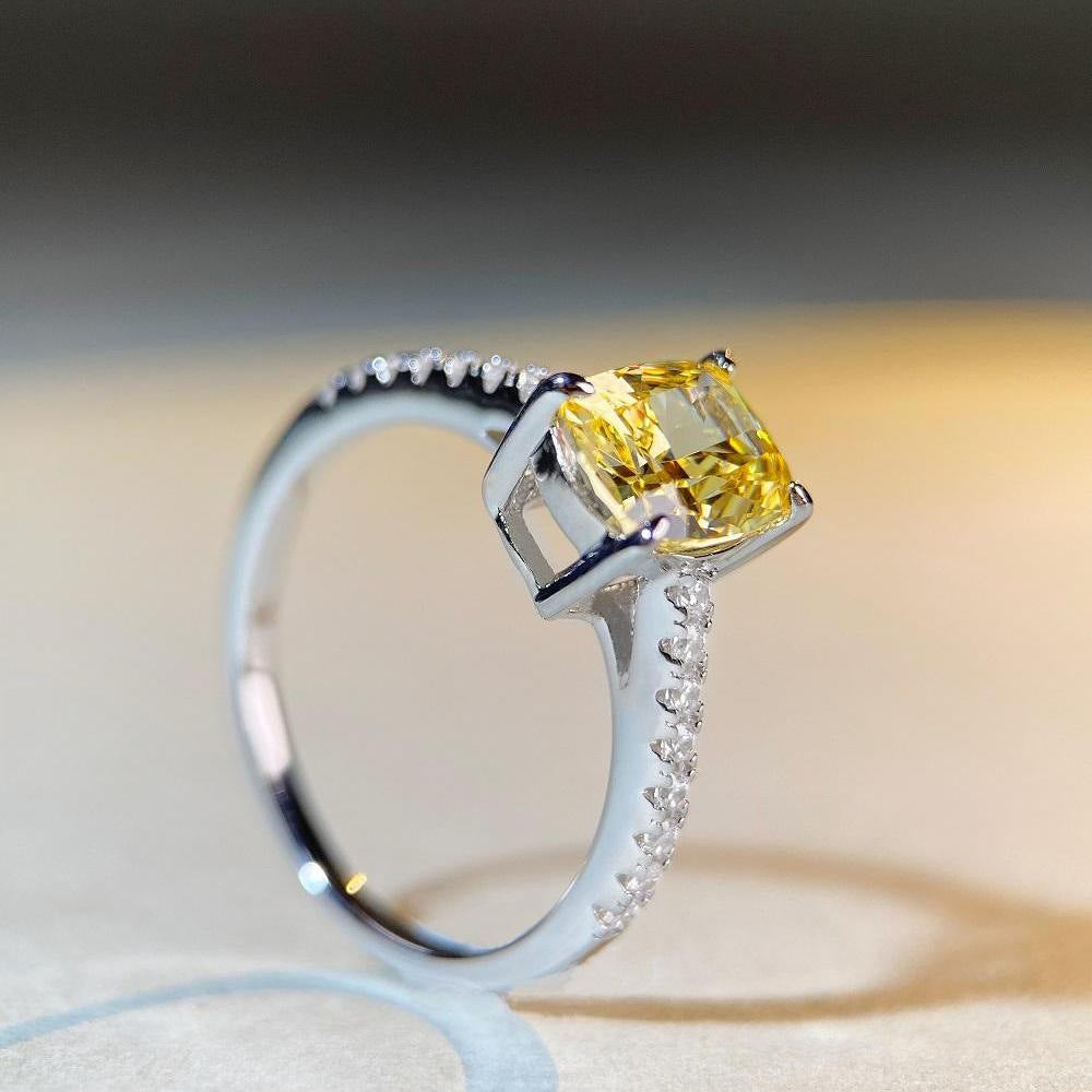 Pure Silver High Carbon Ring With Yellow Diamond