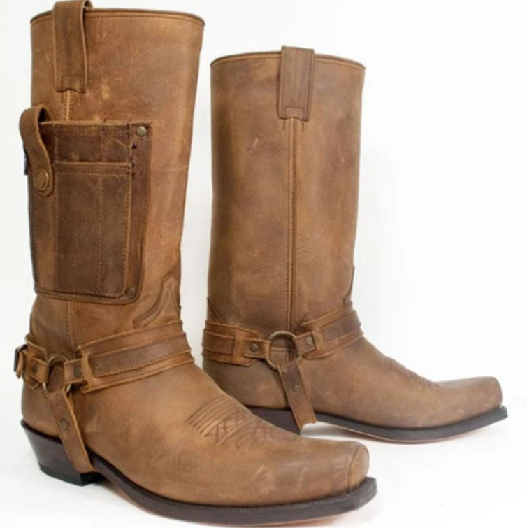 Embroidered Knight High-Heel Leather Mens Boots