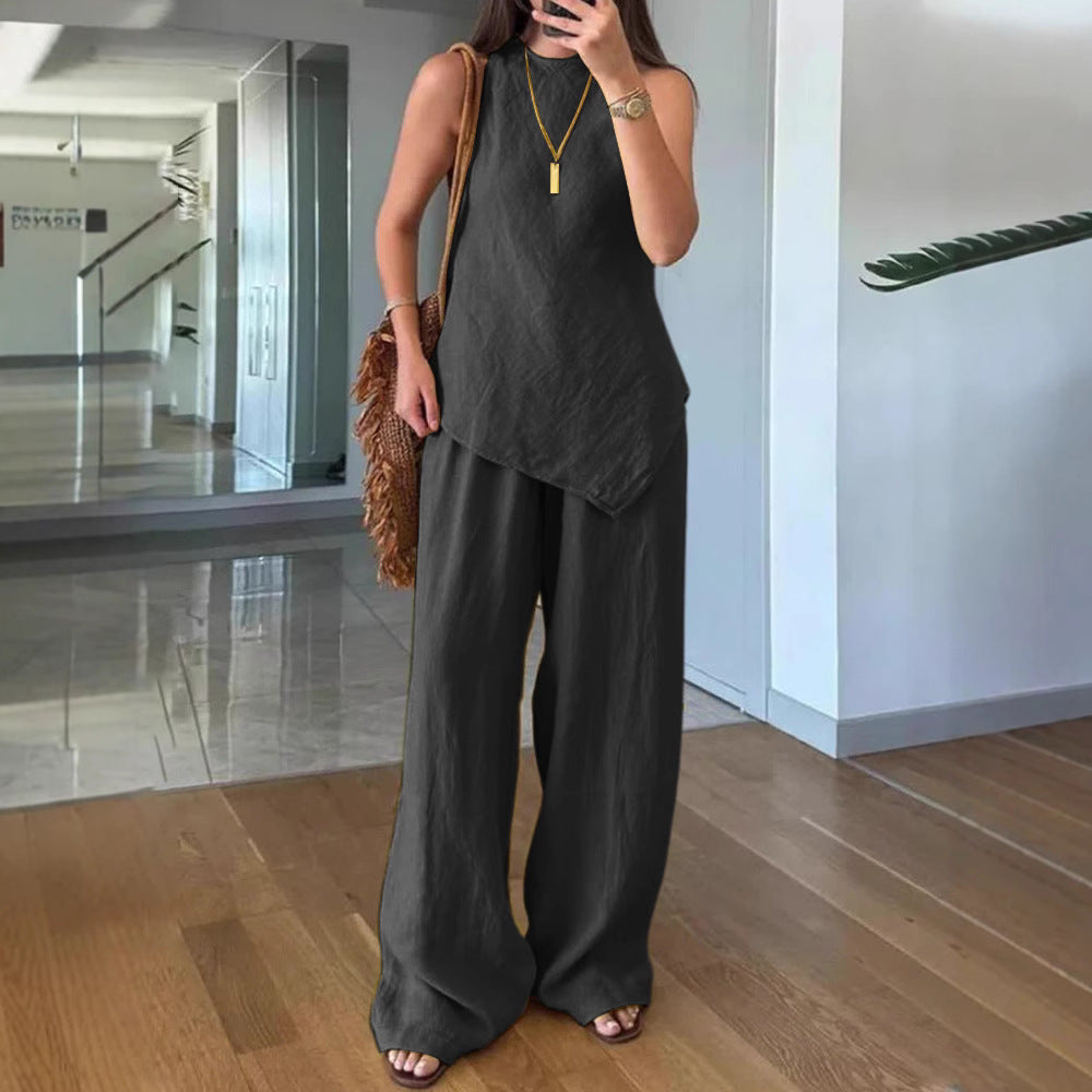 Casual Crew-Neck Pullover Sleeveless Pants With Pockets Cozy Two-Piece Set