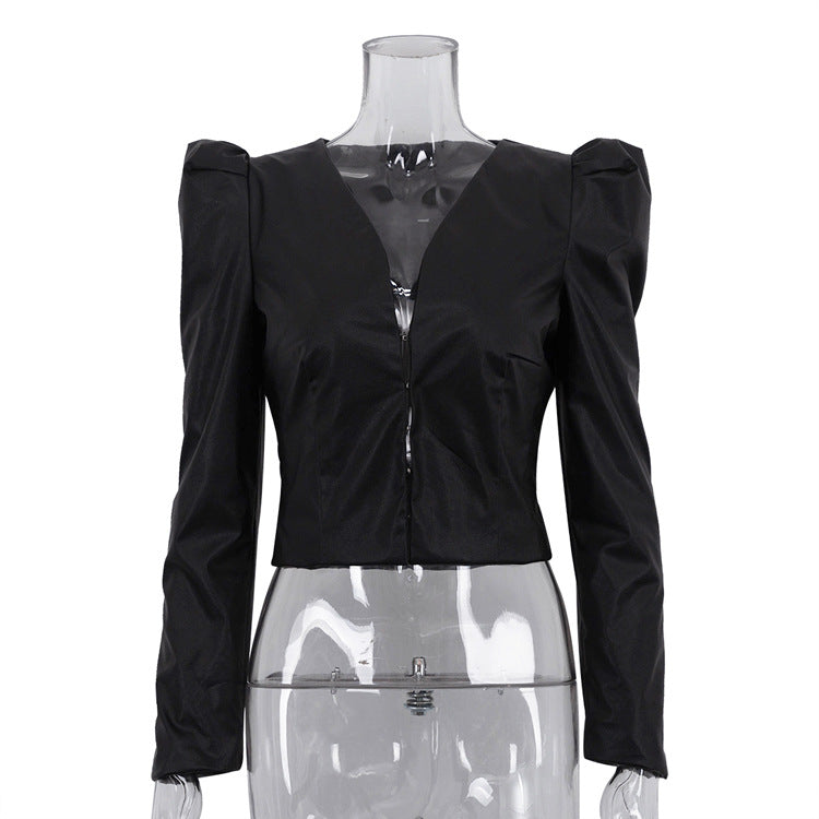 Stylish Black V-Neck Patchwork PU Leather Shirt