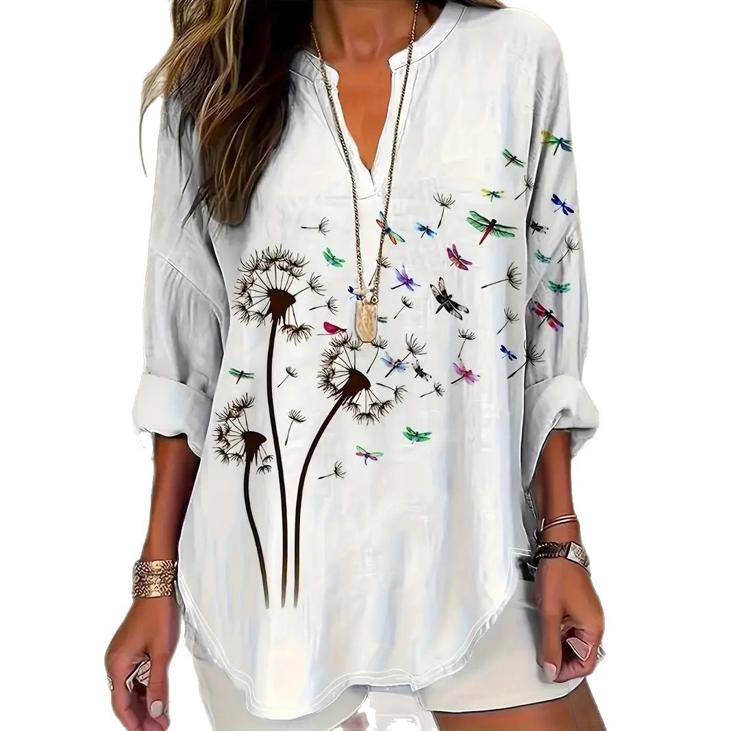 Womens Stand Collar Button-Down Drop Shoulder Long-Sleeve Top